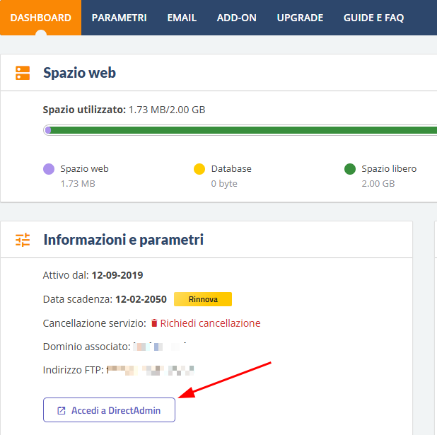 accedi a directadmin