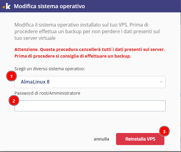 modifica sistema operativo vps