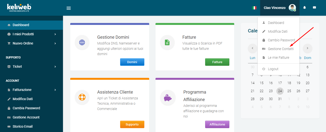 Gestione contatti Keliweb area cliente