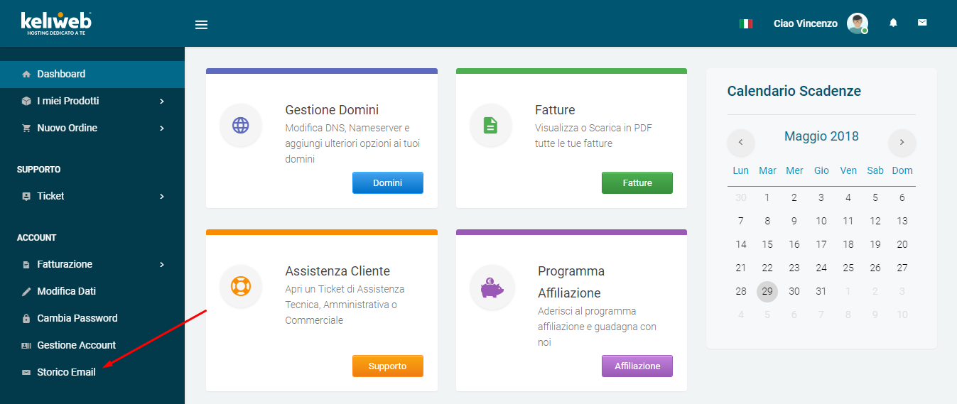 Storico email Area clienti: storico email